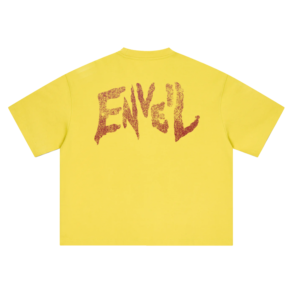 A bright yellow short-sleeve t-shirt shown from the back, featuring a large, distressed red graphic spelling 'ENVEIL' across the upper back.