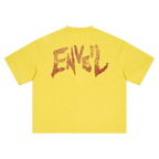 A bright yellow short-sleeve t-shirt shown from the back, featuring a large, distressed red graphic spelling 'ENVEIL' across the upper back.