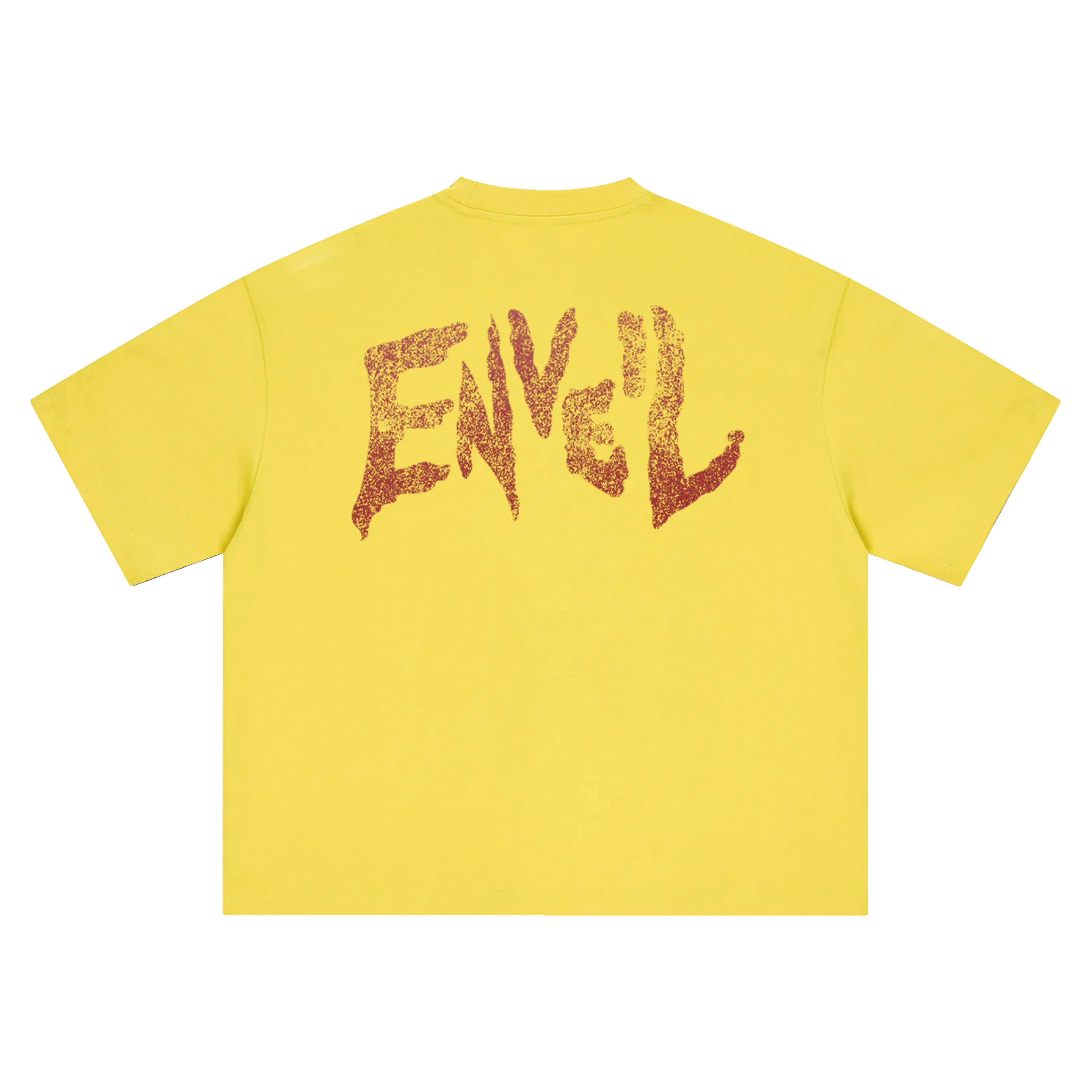 A bright yellow short-sleeve t-shirt shown from the back, featuring a large, distressed red graphic spelling 'ENVEIL' across the upper back.