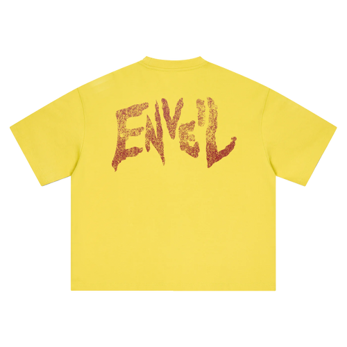 A bright yellow short-sleeve t-shirt shown from the back, featuring a large, distressed red graphic spelling 'ENVEIL' across the upper back.
