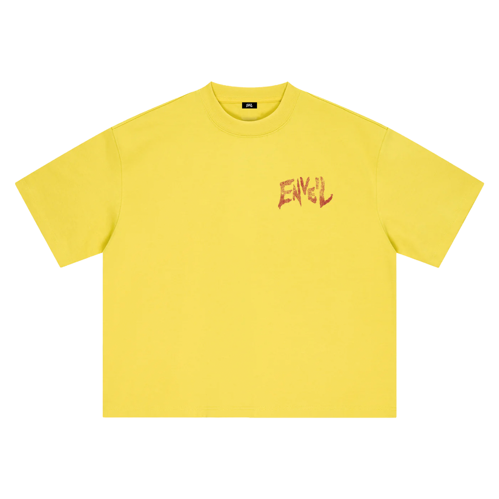 A bright yellow short-sleeve t-shirt with a small red stylized graphic on the left chest, displayed flat against a solid white background.