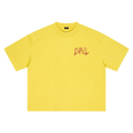 A bright yellow short-sleeve t-shirt with a small red stylized graphic on the left chest, displayed flat against a solid white background.