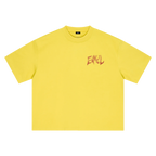 A bright yellow short-sleeve t-shirt with a small red stylized graphic on the left chest, displayed flat against a solid white background.