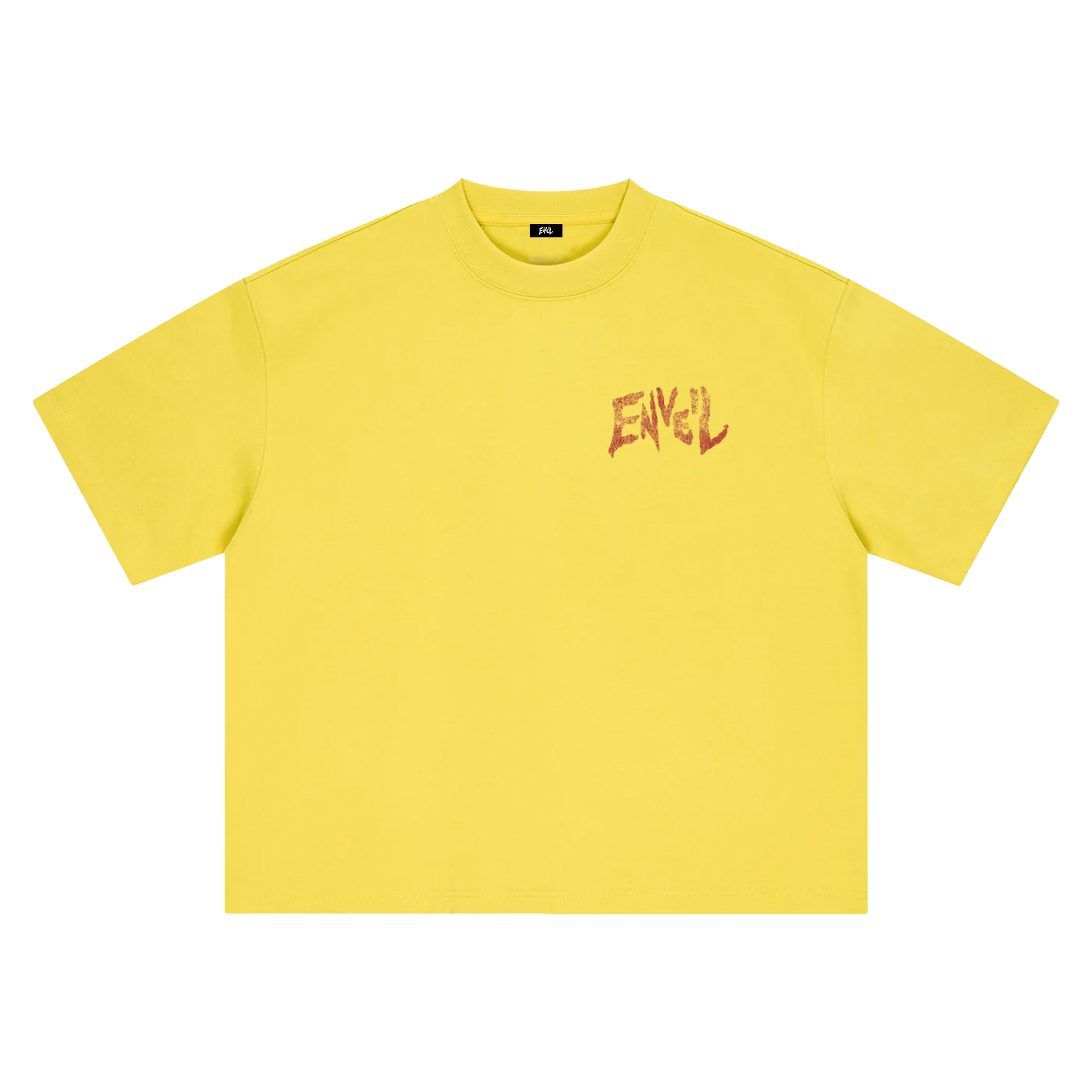 A bright yellow short-sleeve t-shirt with a small red stylized graphic on the left chest, displayed flat against a solid white background.