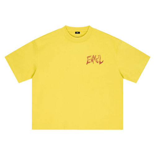 A bright yellow short-sleeve t-shirt with a small red stylized graphic on the left chest, displayed flat against a solid white background.