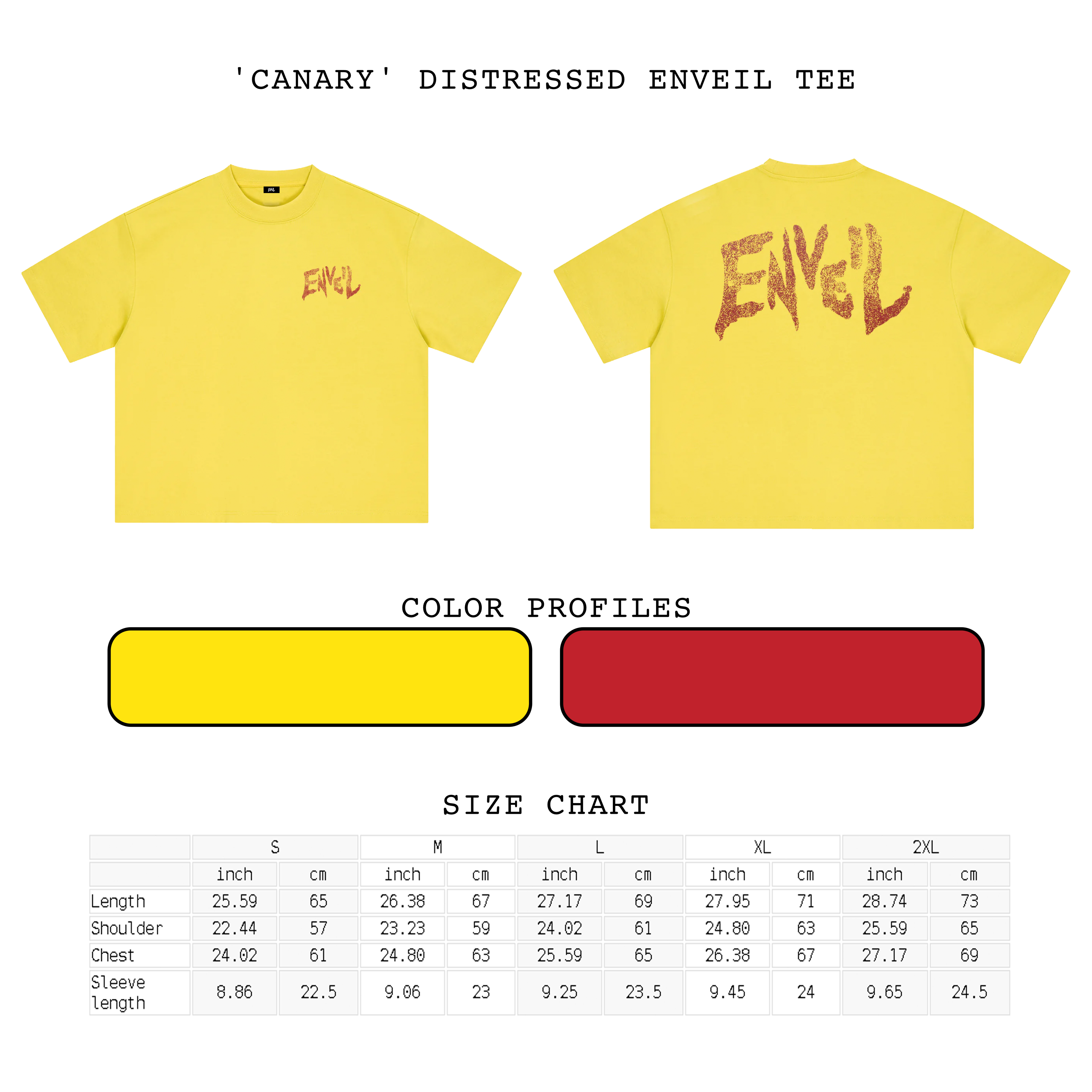 Yellow short-sleeve t-shirt shown from both front and back on a white background, with a small red 'ENVEIL' graphic on the front chest and a larger distressed red 'ENVEIL' graphic on the back. Below the shirts is a color profile section with a yellow swatch and a red swatch, plus a size chart table.