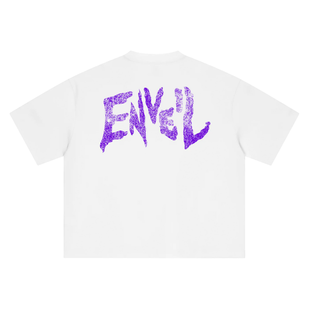 A white short-sleeve t-shirt shown from the back, featuring a large, stylized purple graphic spelling 'ENVEIL' in a distressed, hand-drawn logo across the upper back.