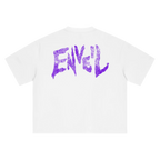 A white short-sleeve t-shirt shown from the back, featuring a large, stylized purple graphic spelling 'ENVEIL' in a distressed, hand-drawn logo across the upper back.
