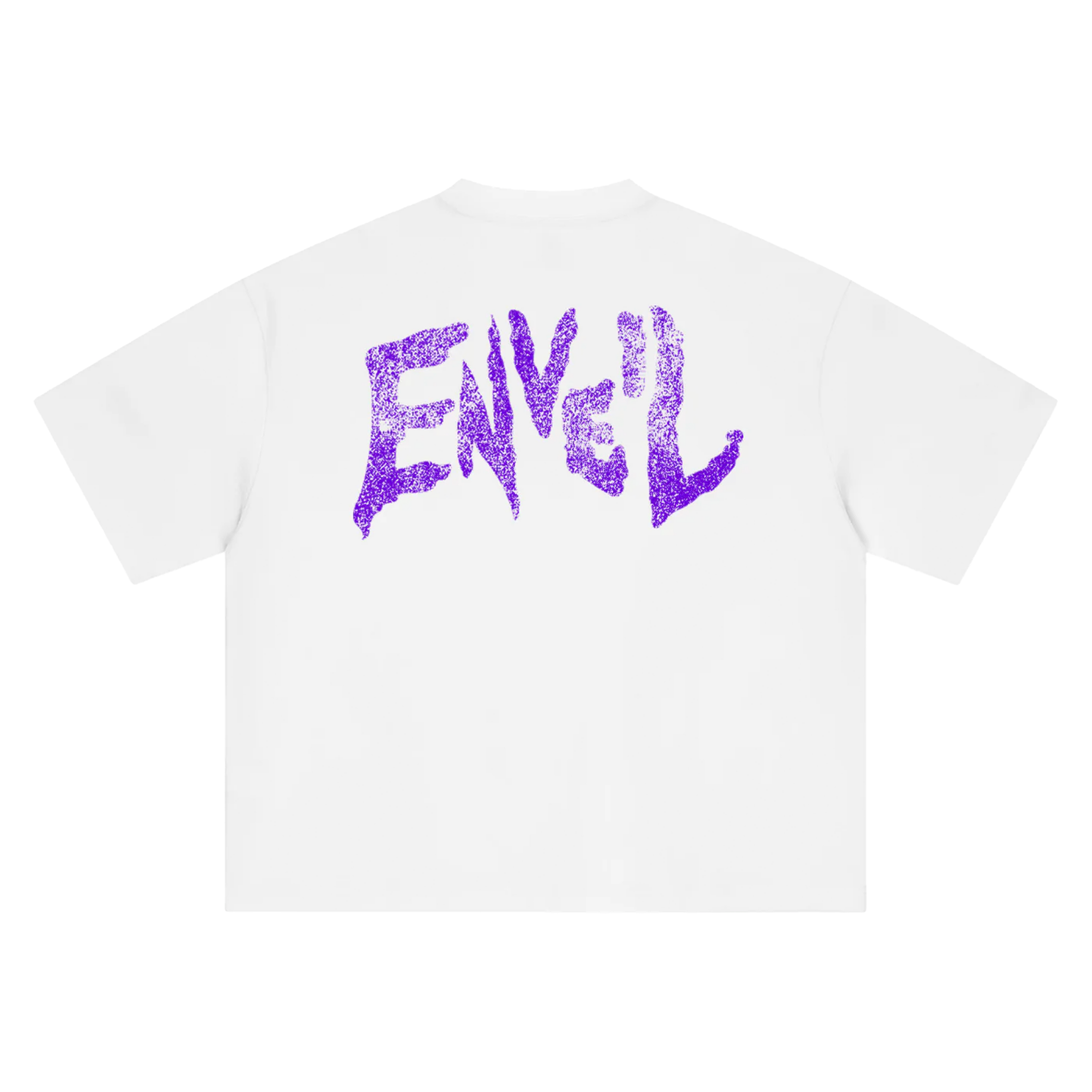 A white short-sleeve t-shirt shown from the back, featuring a large, stylized purple graphic spelling 'ENVEIL' in a distressed, hand-drawn logo across the upper back.