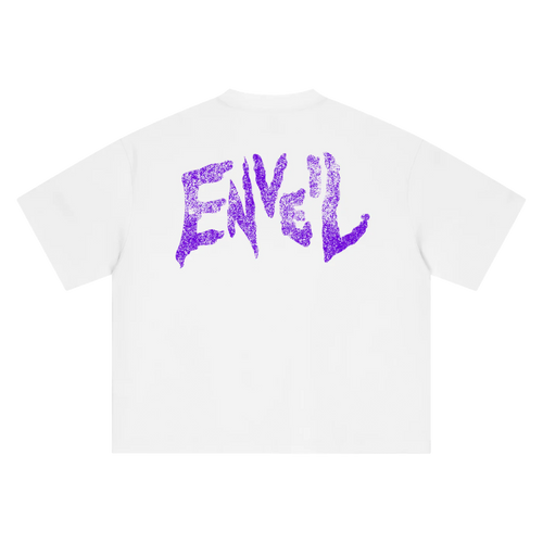 A white short-sleeve t-shirt shown from the back, featuring a large, stylized purple graphic spelling 'ENVEIL' in a distressed, hand-drawn logo across the upper back.