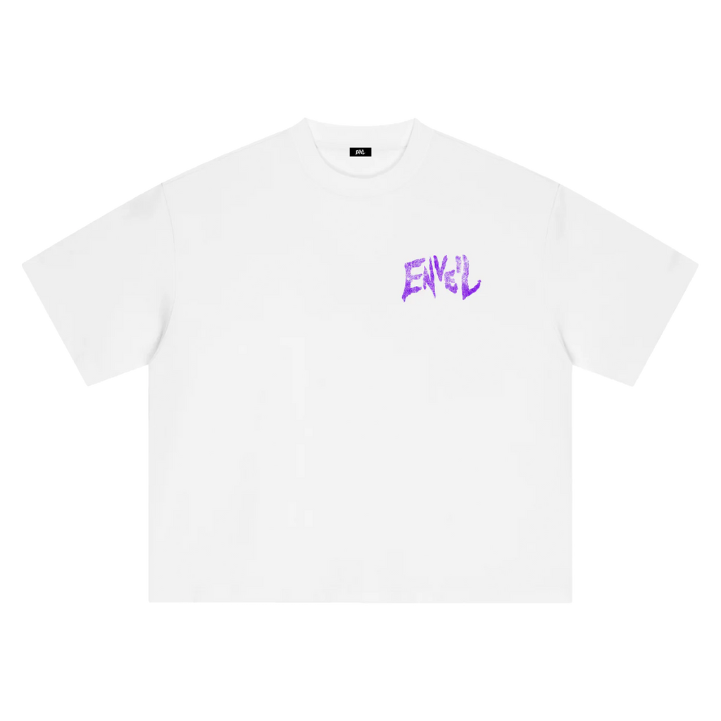 A white short-sleeve crewneck t-shirt with a distressed purple 'ENVEIL' graphic printed on the left chest, displayed flat against a solid white background.
