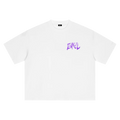 A white short-sleeve crewneck t-shirt with a distressed purple 'ENVEIL' graphic printed on the left chest, displayed flat against a solid white background.