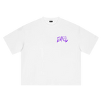 A white short-sleeve crewneck t-shirt with a distressed purple 'ENVEIL' graphic printed on the left chest, displayed flat against a solid white background.