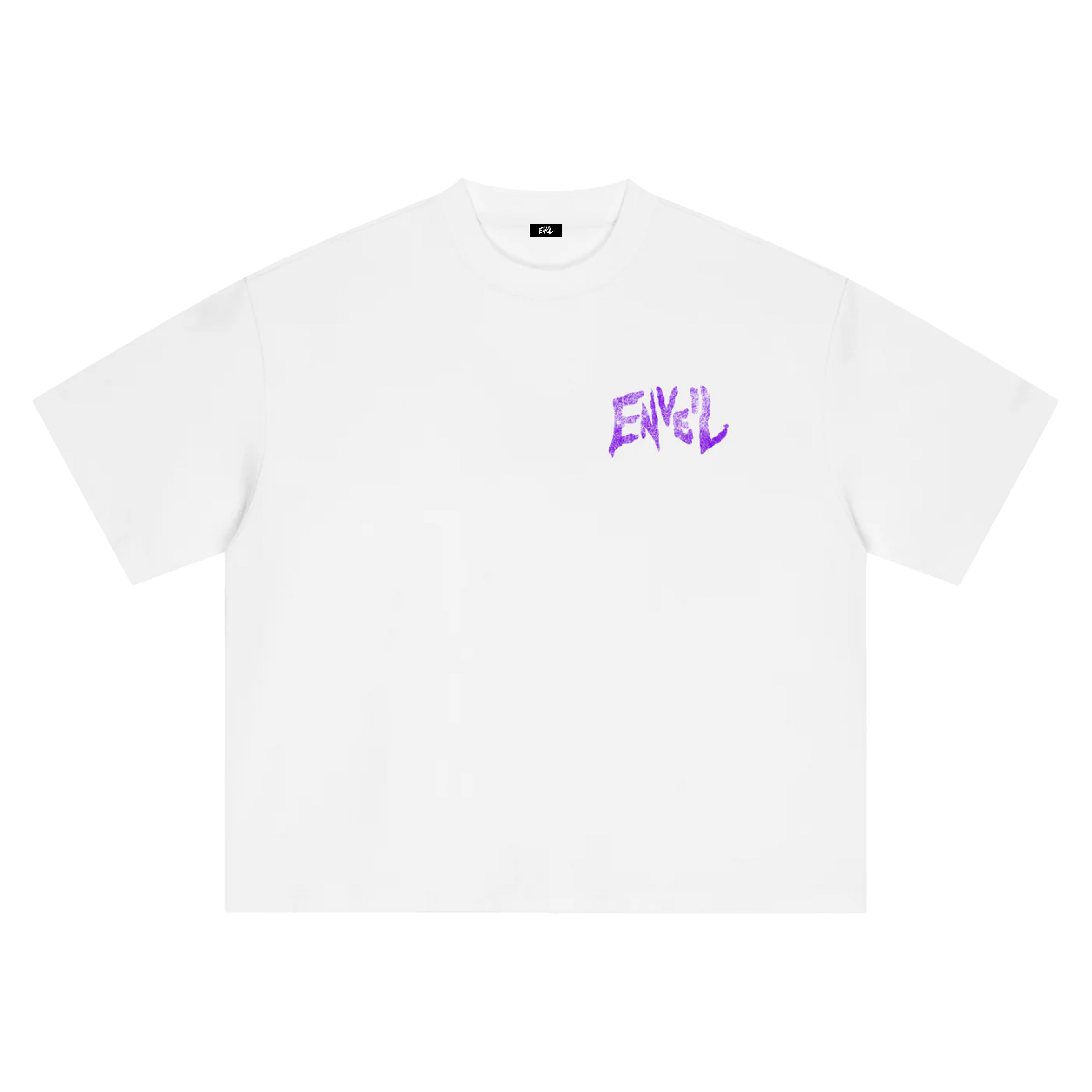 A white short-sleeve crewneck t-shirt with a distressed purple 'ENVEIL' graphic printed on the left chest, displayed flat against a solid white background.
