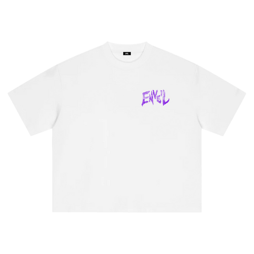 A white short-sleeve crewneck t-shirt with a distressed purple 'ENVEIL' graphic printed on the left chest, displayed flat against a solid white background.