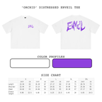 A product presentation for an 'Orchid' distressed Enveil tee, showing front and back views of a white t-shirt with a purple graphic print, accompanied by a color profile swatch and a size chart table.