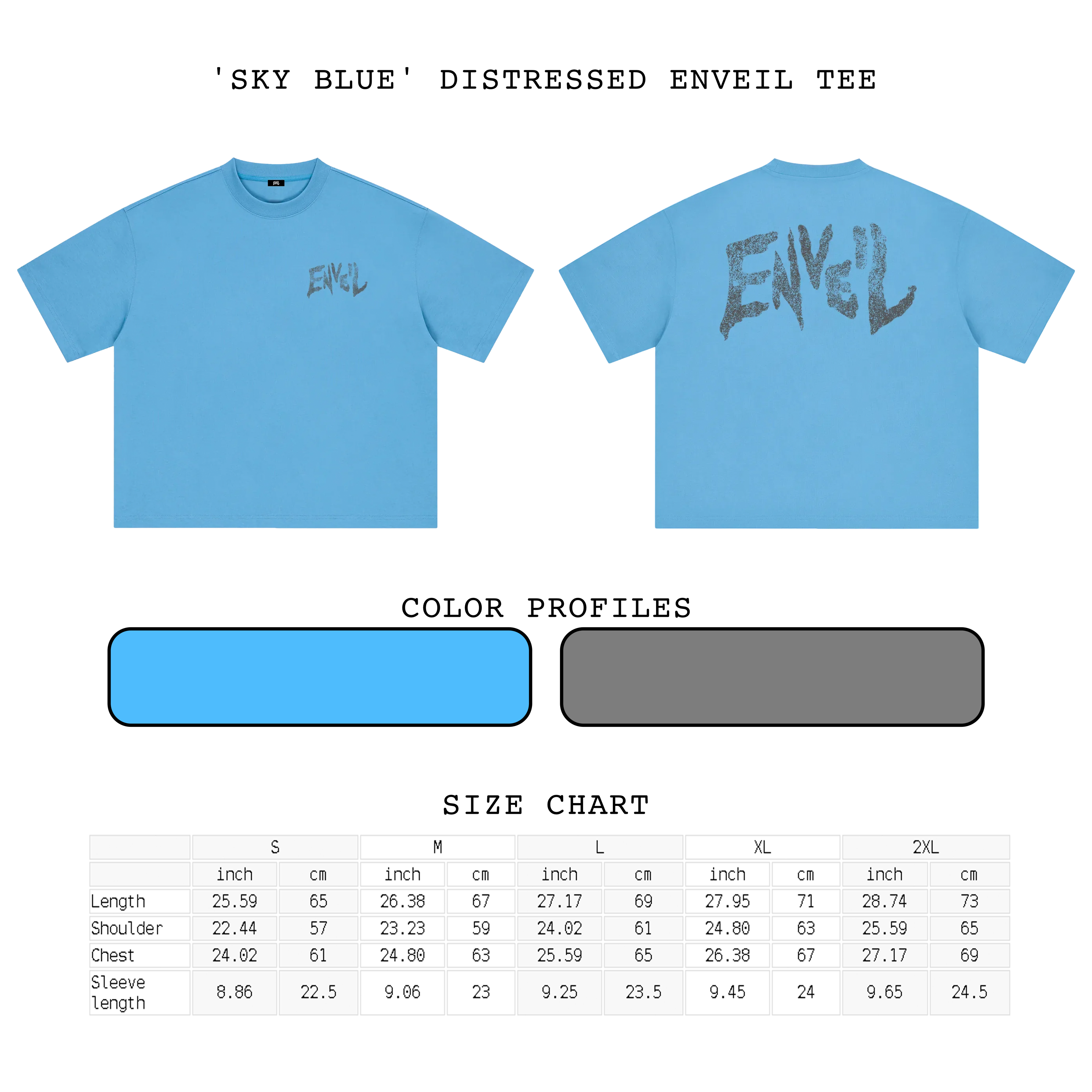 A product presentation for an 'SKY BLUE' distressed Enveil tee, showing front and back views of a sky blue t-shirt with a dark grey graphic print, accompanied by a color profile swatch and a size chart table.
