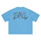 A sky blue short-sleeve t-shirt shown from the back, featuring a large distressed dark grey graphic spelling 'ENVEIL' across the upper back.