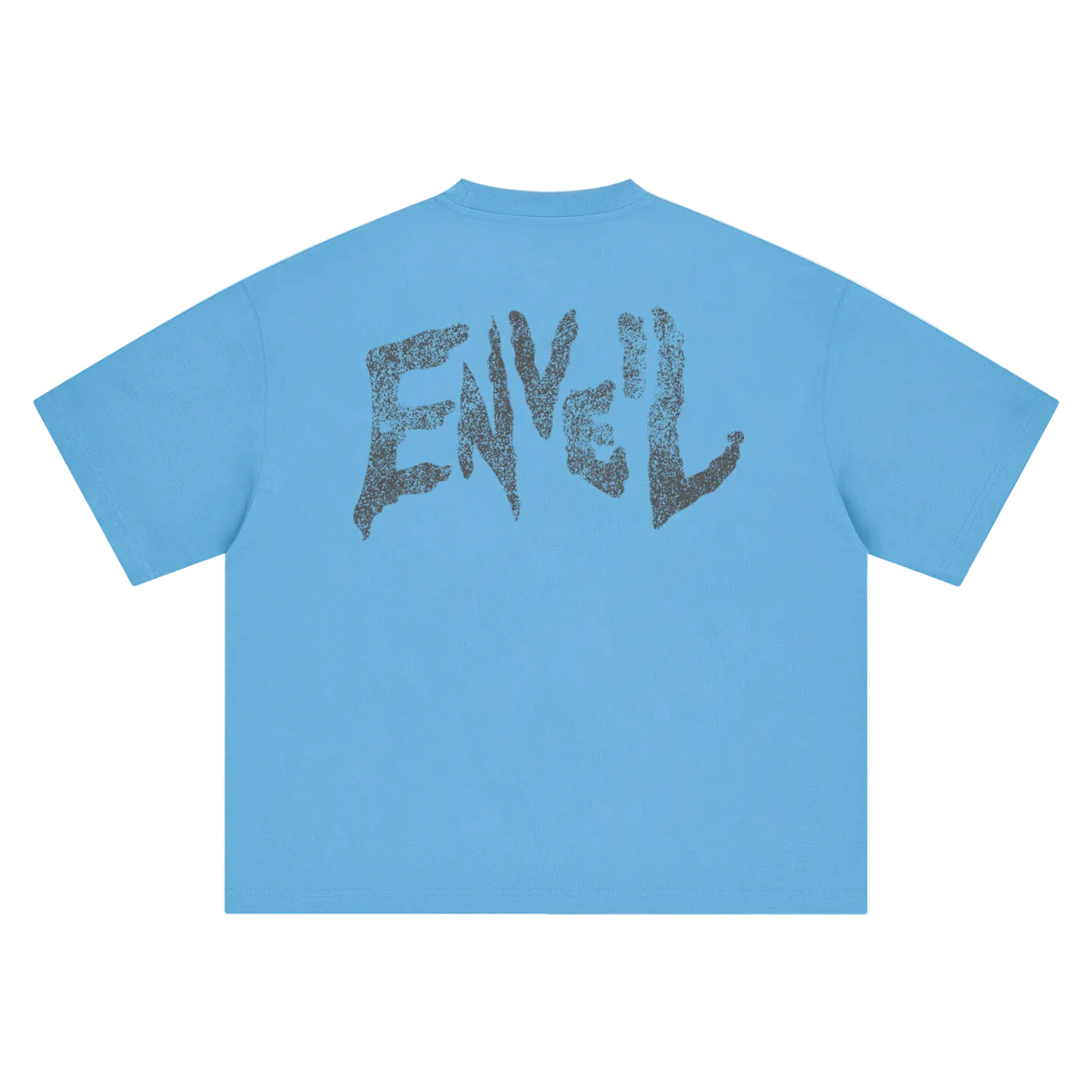 A sky blue short-sleeve t-shirt shown from the back, featuring a large distressed dark grey graphic spelling 'ENVEIL' across the upper back.