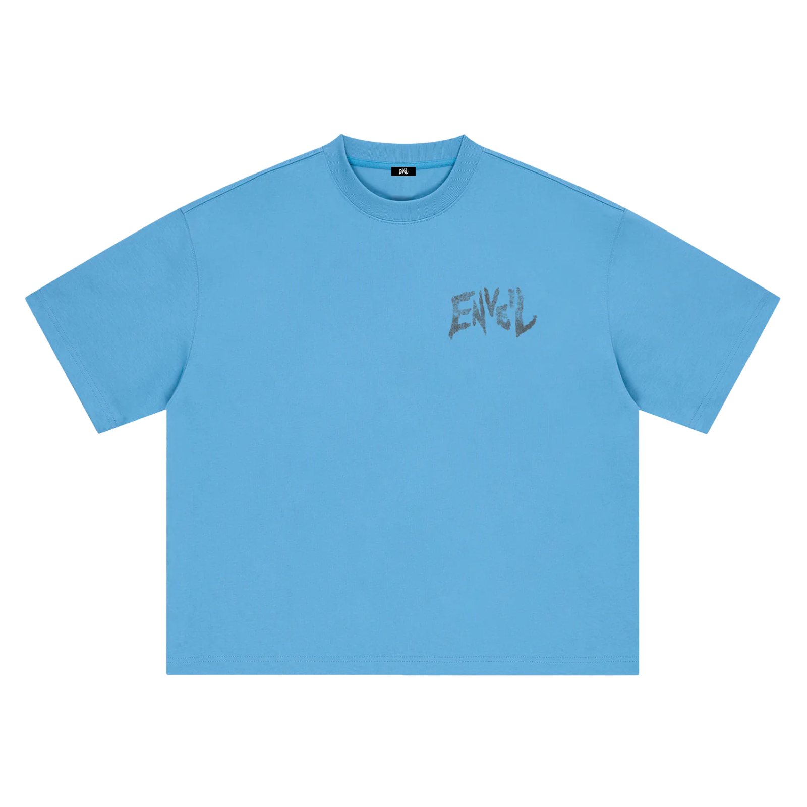 A sky blue short-sleeve crewneck t-shirt with a distressed dark grey 'ENVEIL' graphic printed on the left chest, displayed flat against a solid white background.