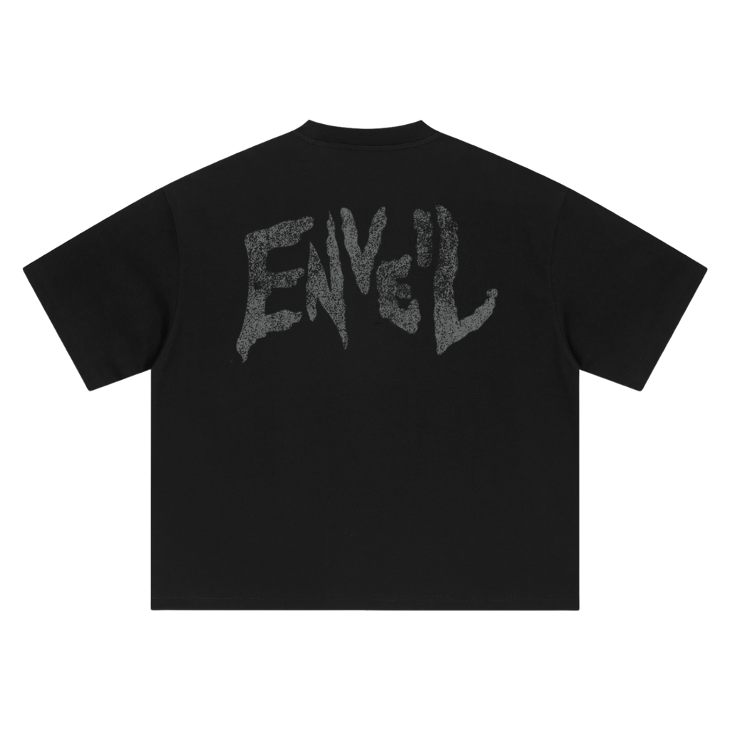 A black short-sleeve t-shirt shown from the back, featuring a large, distressed gray graphic spelling 'ENVEIL' across the upper back.